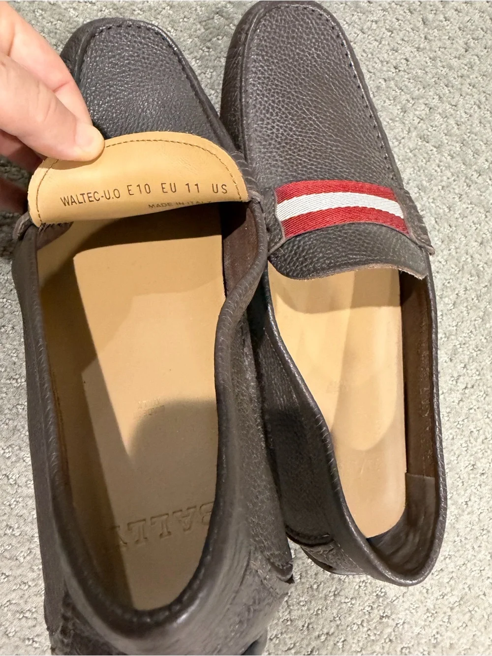 Bally Brown Pebbled Leather Loafers with Red & White Webbing